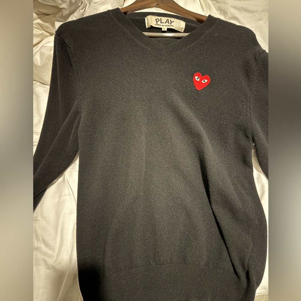 Comme des Garçons PLAY Black Wool Sweater with Red Heart Logo - L size